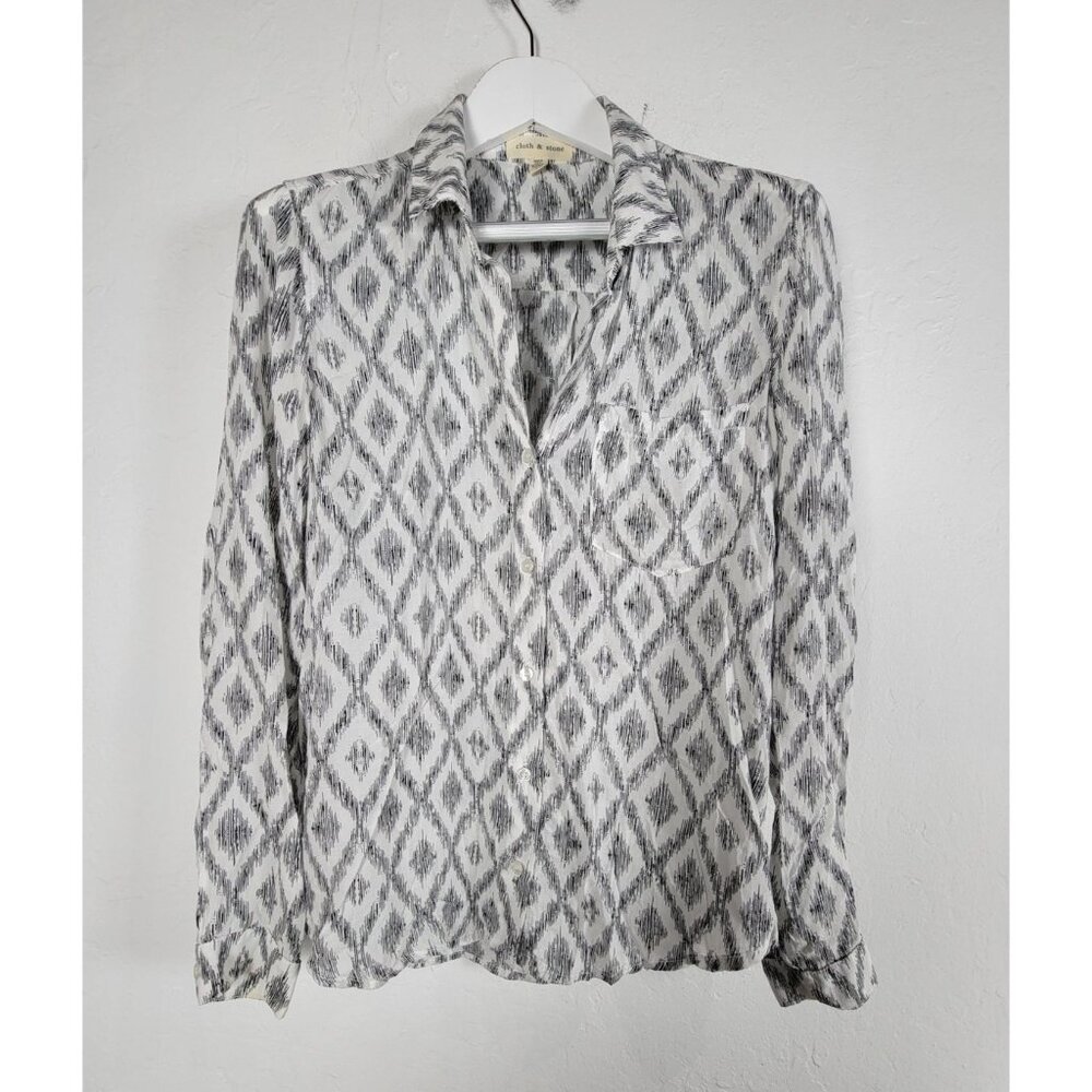 Cloth & Stone Womens White & Black Ikat Print Button-Up Shirt Medium Long Sleeve